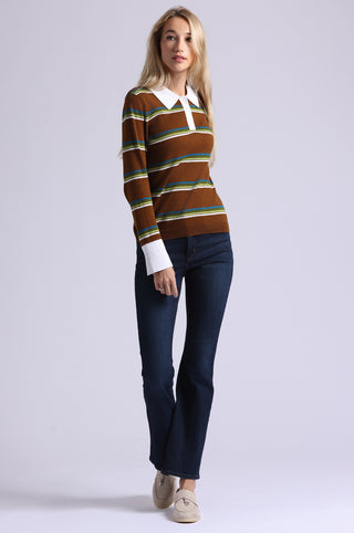 Cotton Cashmere Striped Long Sleeve Collared Polo