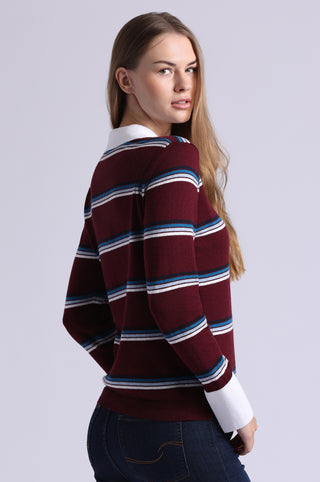 Cotton Cashmere Striped Long Sleeve Collared Polo