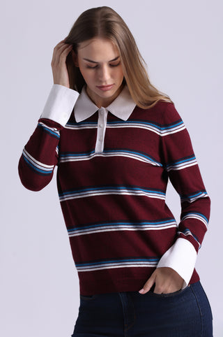Cotton Cashmere Striped Long Sleeve Collared Polo