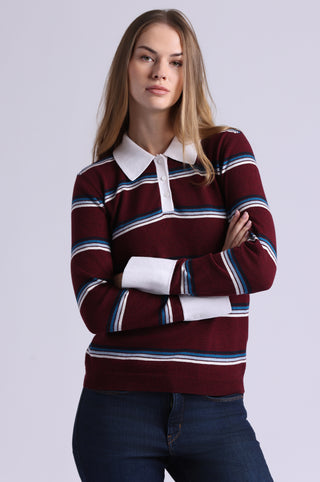 Cotton Cashmere Striped Long Sleeve Collared Polo