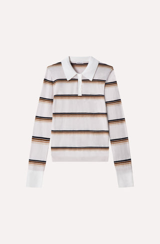 Cotton Cashmere Striped Long Sleeve Collared Polo