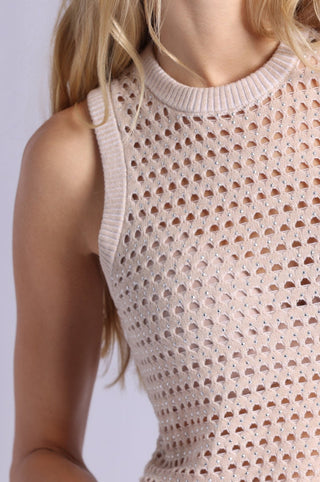 Cotton Cashmere Plaited Mesh Studded Tank Crew