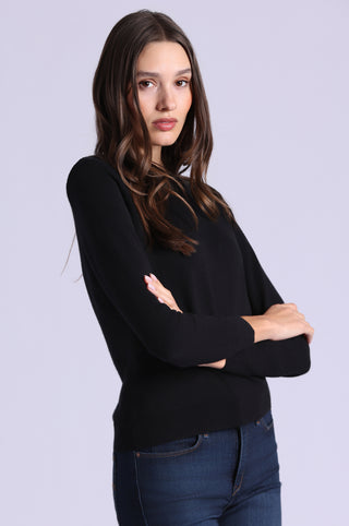 Cotton Cashmere Power Shoulder Long Sleeve Crew