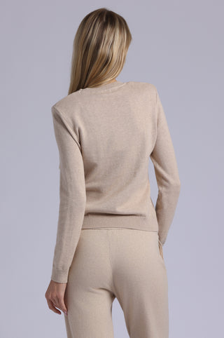 Cotton Cashmere Power Shoulder Long Sleeve Crew