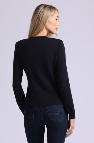 Cotton Cashmere Power Shoulder Long Sleeve Crew