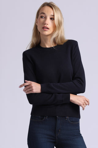 Cotton Cashmere Power Shoulder Long Sleeve Crew