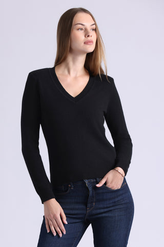 Cotton Cashmere Power Shoulder Long Sleeve V