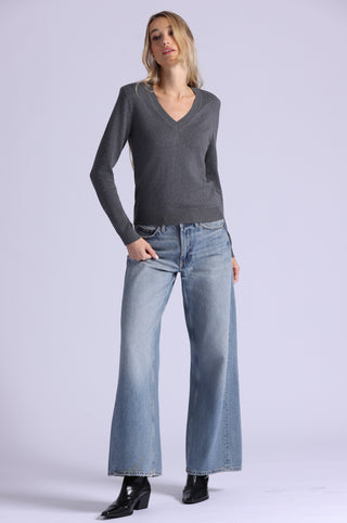 Cotton Cashmere Power Shoulder Long Sleeve V