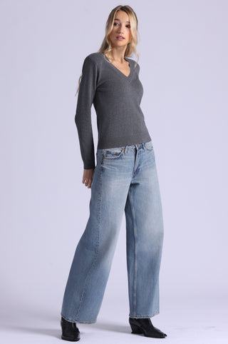 Cotton Cashmere Power Shoulder Long Sleeve V