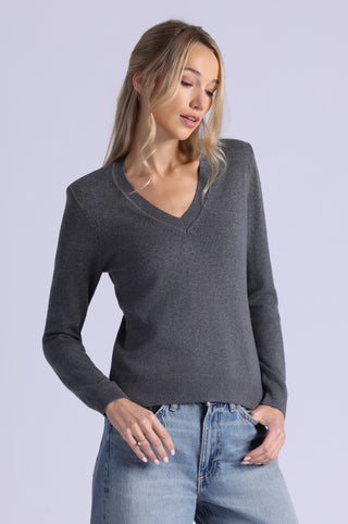 Cotton Cashmere Power Shoulder Long Sleeve V