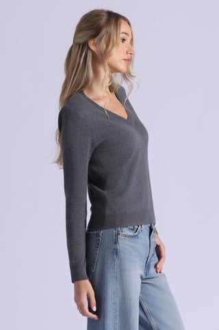 Cotton Cashmere Power Shoulder Long Sleeve V