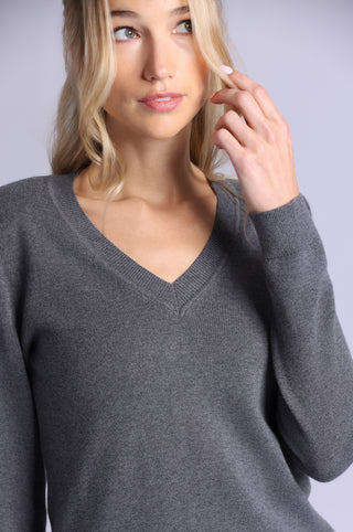 Cotton Cashmere Power Shoulder Long Sleeve V