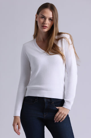 Cotton Cashmere Power Shoulder Long Sleeve V