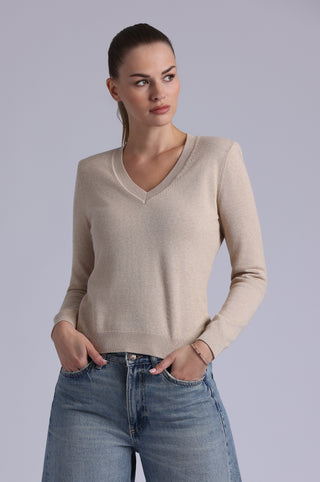 Cotton Cashmere Power Shoulder Long Sleeve V