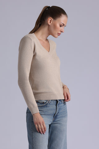 Cotton Cashmere Power Shoulder Long Sleeve V