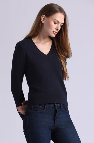 Cotton Cashmere Power Shoulder Long Sleeve V