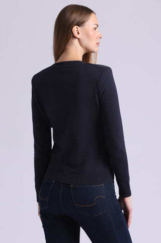 Cotton Cashmere Power Shoulder Long Sleeve V