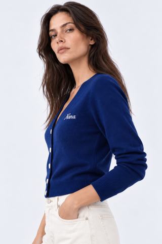 Cotton Cashmere "Nana" Embroidered V Neck Cardigan
