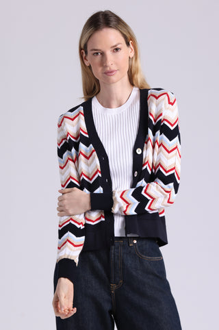 Cotton Cashmere Chevron V Neck Cardigan