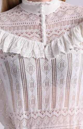 Cotton Blend Mock Neck With Ruffle Detail Lace Top