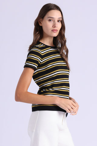 Striped Short Sleeve Crew Tee With Rolled Edges