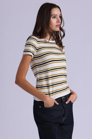 Striped Short Sleeve Crew Tee With Rolled Edges