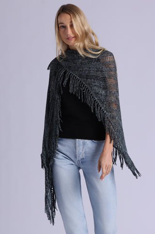 Sequin Pointelle Stripe Fringe Shawl