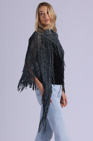 Sequin Pointelle Stripe Fringe Shawl