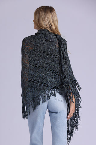 Sequin Pointelle Stripe Fringe Shawl