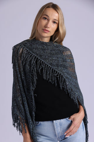 Sequin Pointelle Stripe Fringe Shawl