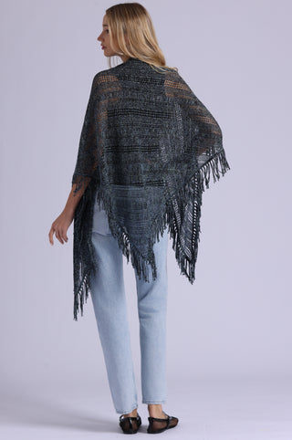 Sequin Pointelle Stripe Fringe Shawl
