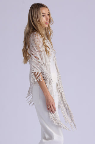 Sequin Pointelle Stripe Fringe Shawl