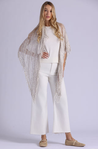 Sequin Pointelle Stripe Fringe Shawl