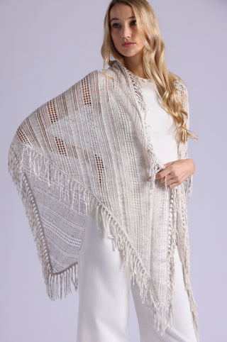 Sequin Pointelle Stripe Fringe Shawl