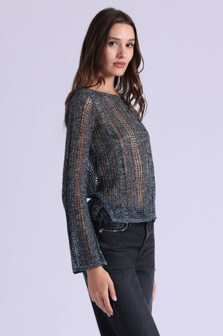 Sequin Pointelle Stripe Bell Sleeve Boat Neck