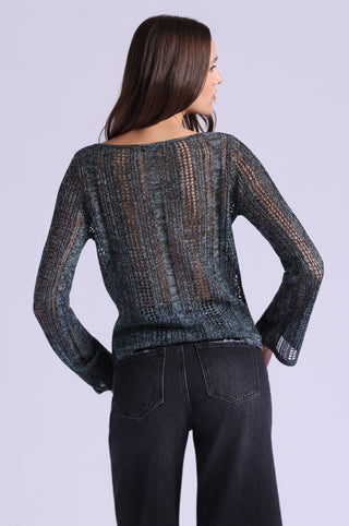 Sequin Pointelle Stripe Bell Sleeve Boat Neck