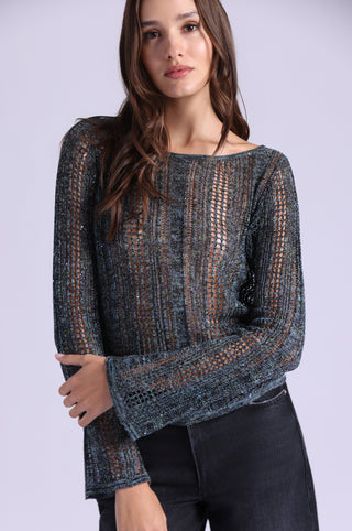 Sequin Pointelle Stripe Bell Sleeve Boat Neck