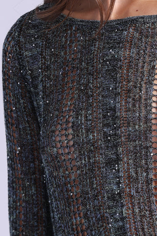 Sequin Pointelle Stripe Bell Sleeve Boat Neck
