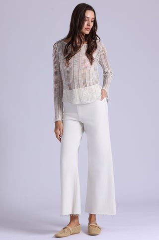 Sequin Pointelle Stripe Bell Sleeve Boat Neck