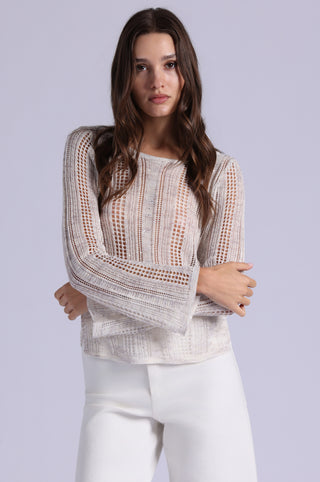 Sequin Pointelle Stripe Bell Sleeve Boat Neck