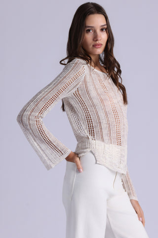 Sequin Pointelle Stripe Bell Sleeve Boat Neck