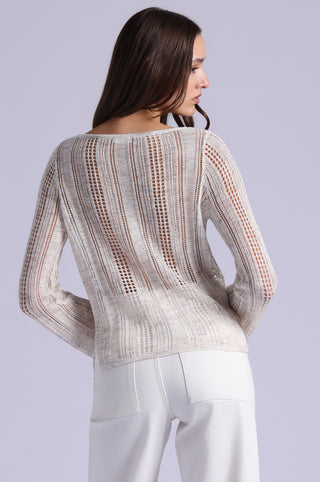 Sequin Pointelle Stripe Bell Sleeve Boat Neck