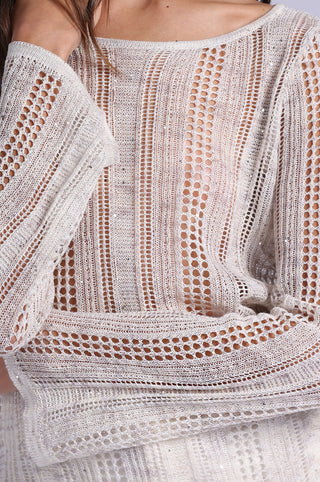 Sequin Pointelle Stripe Bell Sleeve Boat Neck