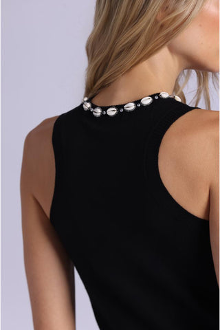 Cotton Cashmere Tank With Shell Rhinestone Trim