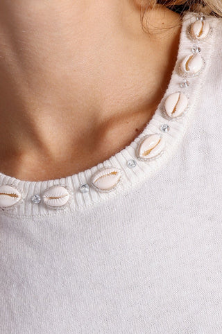 Cotton Cashmere Tank With Shell Rhinestone Trim