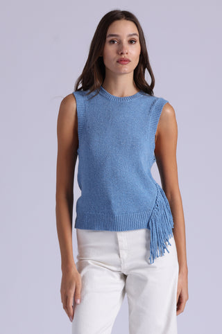 Textured Crew Neck Tank with Fringe
