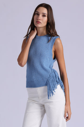 Textured Crew Neck Tank with Fringe