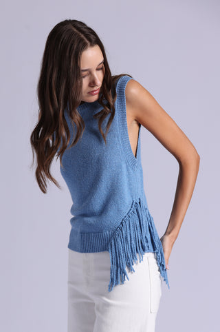 Textured Crew Neck Tank with Fringe