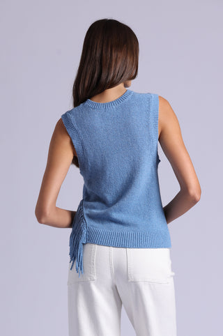 Textured Crew Neck Tank with Fringe