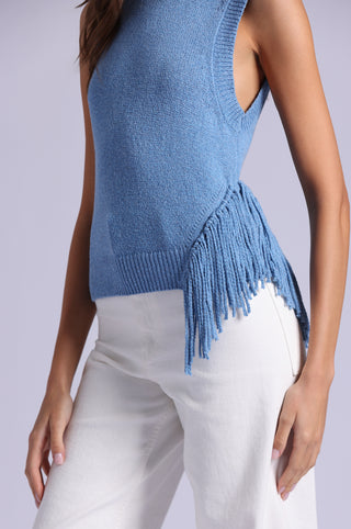 Textured Crew Neck Tank with Fringe